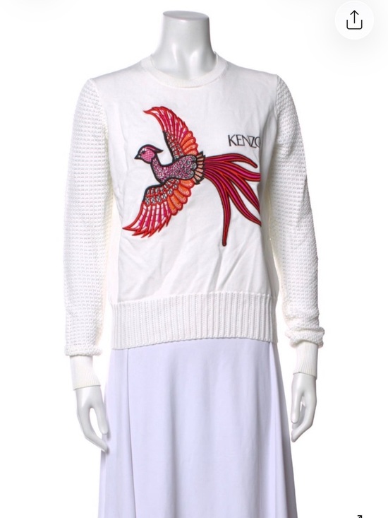 Kenzo Sweaters - KENZO White Pullover Sweater with Embroidered Red-Pink Bird and Knit sleeves